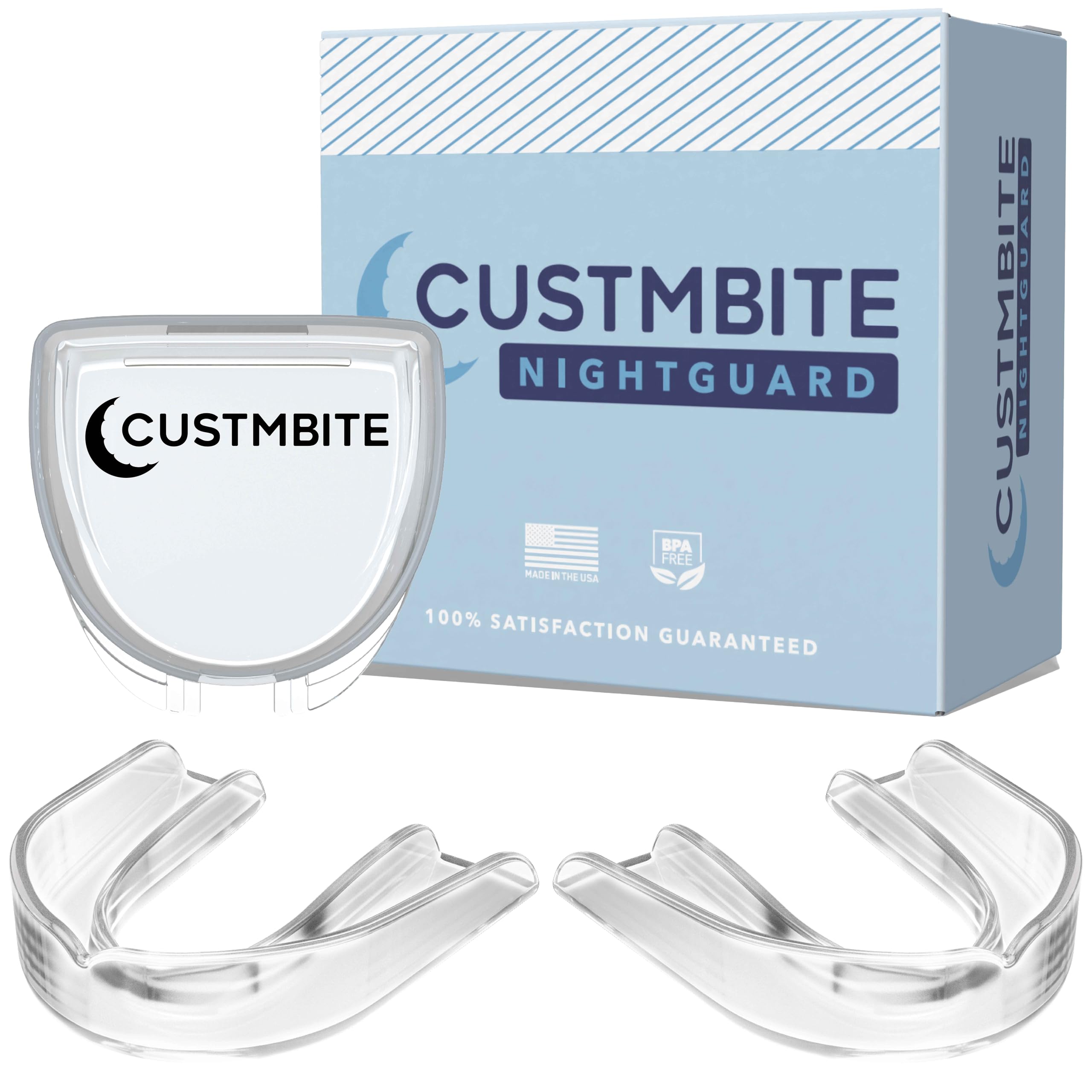CustMbite light-blue product box with two clear night guards and a branded storage case.
