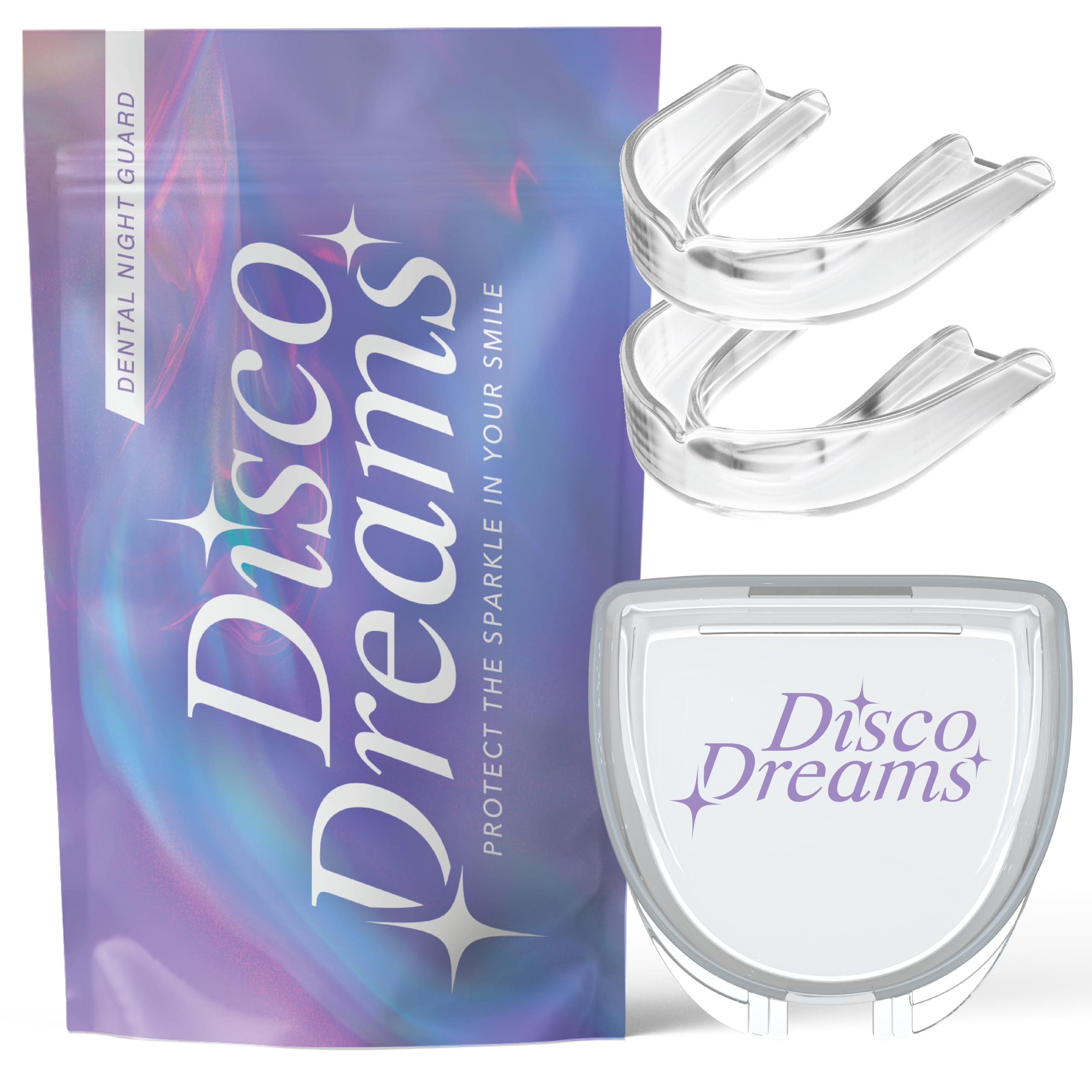 Disco Dreams purple product pouch with two clear night guards and a branded storage case.