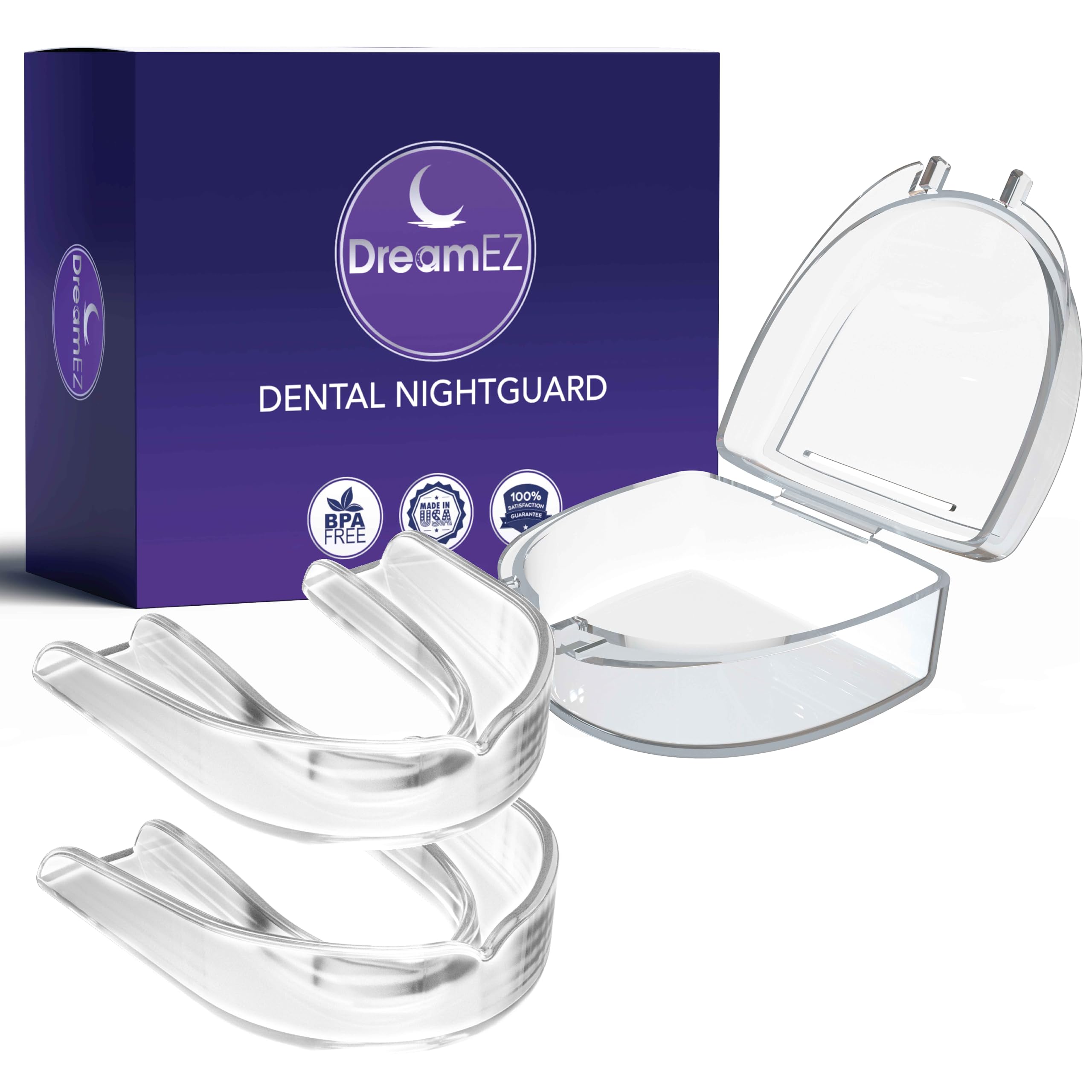 DreamEZ purple product box with two clear night guards and an open storage case.
