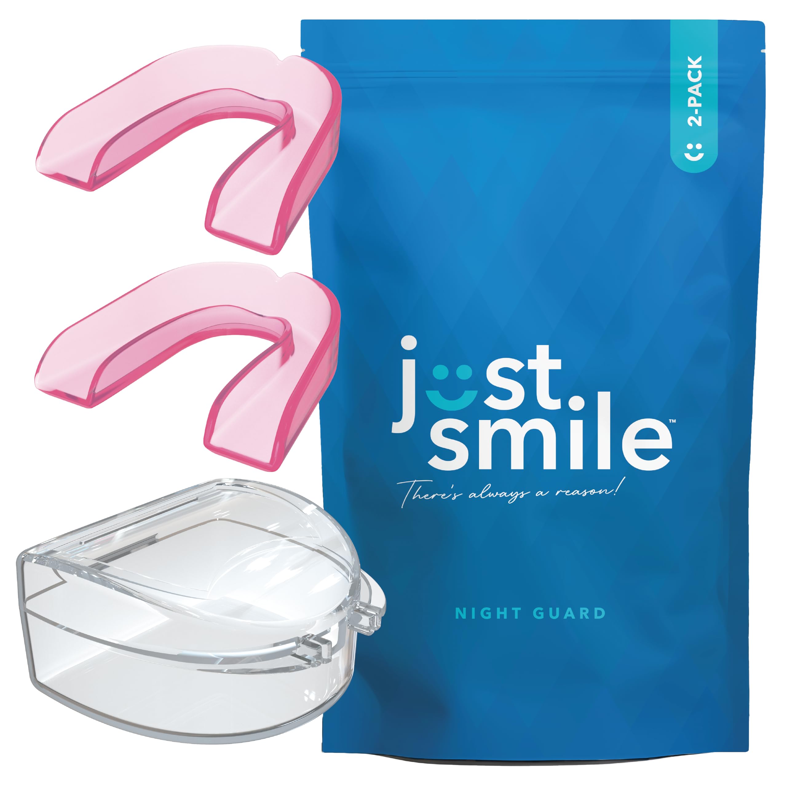 Just Smile blue product pouch with two pink night guards and a clear storage case.