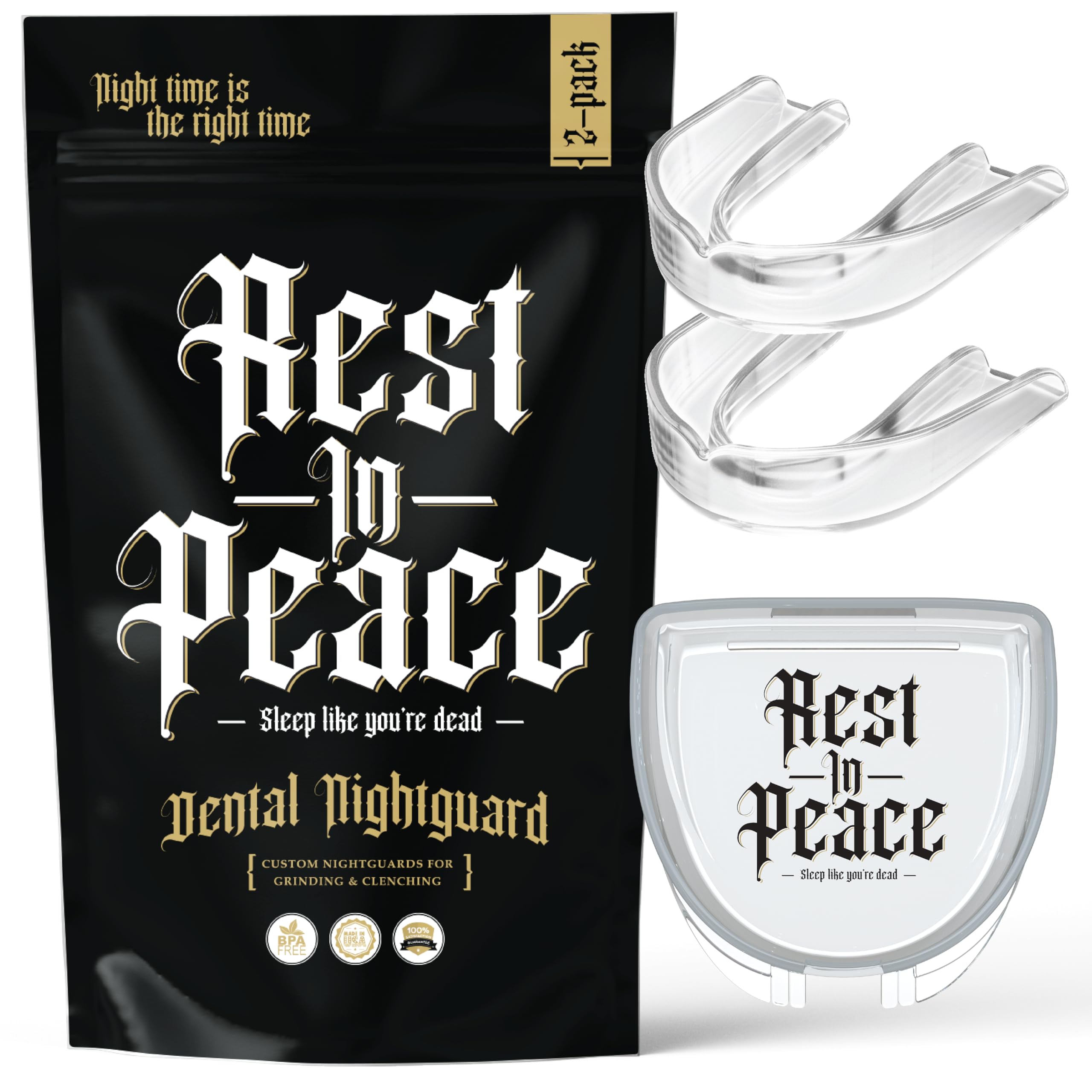 Rest In Peace black product pouch with two clear night guards and a branded storage case.