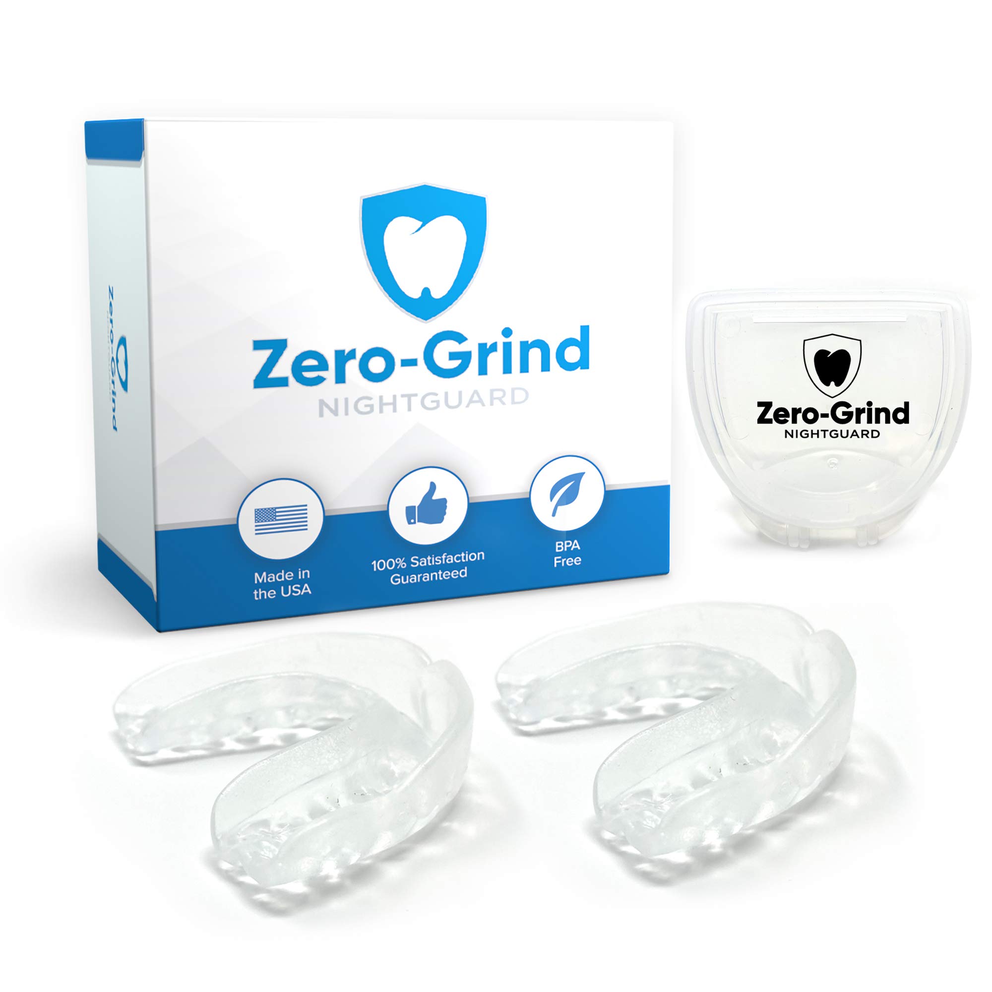 Zero-Grind white-and-blue product box with two clear night guards and a branded storage case.